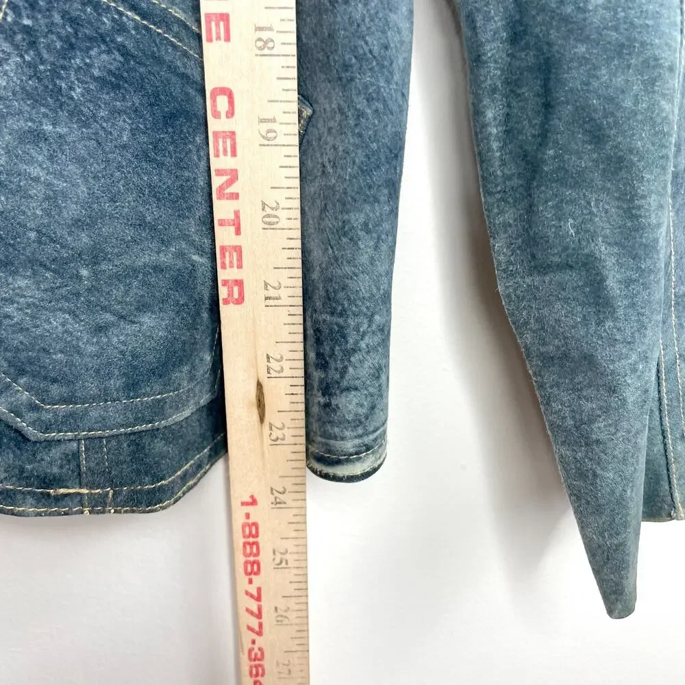 Illia Denim Leather Blazer Sz 8 Blue Suede Denim Look Indie Sleaze Y2K Eclectic - Picture 8 of 10